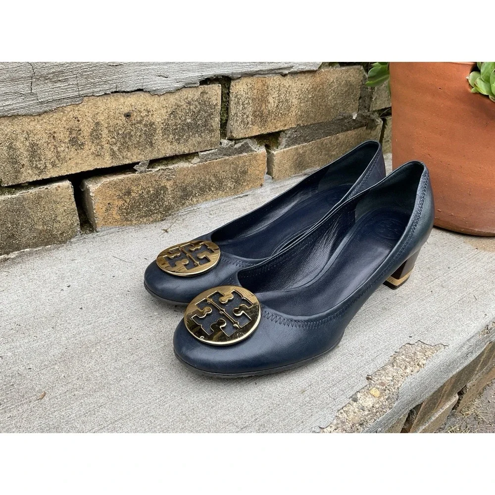 Tory Burch Reva Block Heel Pumps Navy Leather Gold Hardware Women's Size 9